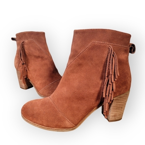 Toms Lunata Brown Cognac Rust suede fringe heel Booties boho western Size 8.5 - Picture 16 of 16